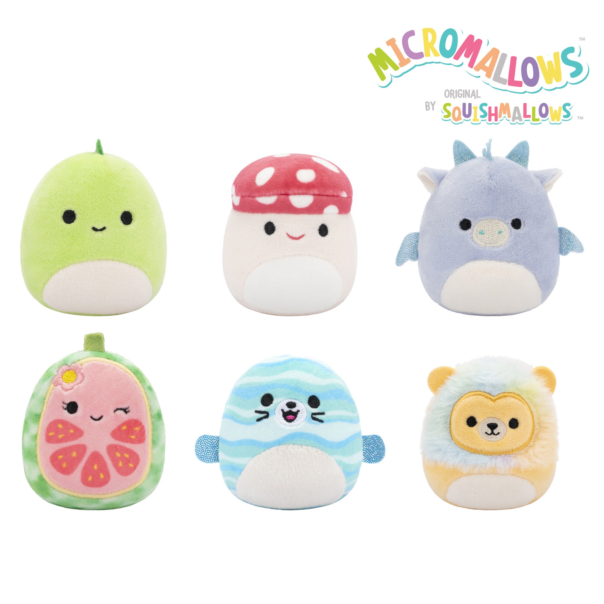 Micromallows 6-Pack – Danny Dinosaur. Dane Dragon. Malcolm Mushroom. Lena Guava Fruit. Leonard Lion. Noah Seal